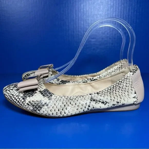Cole Haan Womens Tali Bow Leather Ballet Flats in Natural Roccia Snake Print 6B - Picture 3 of 9